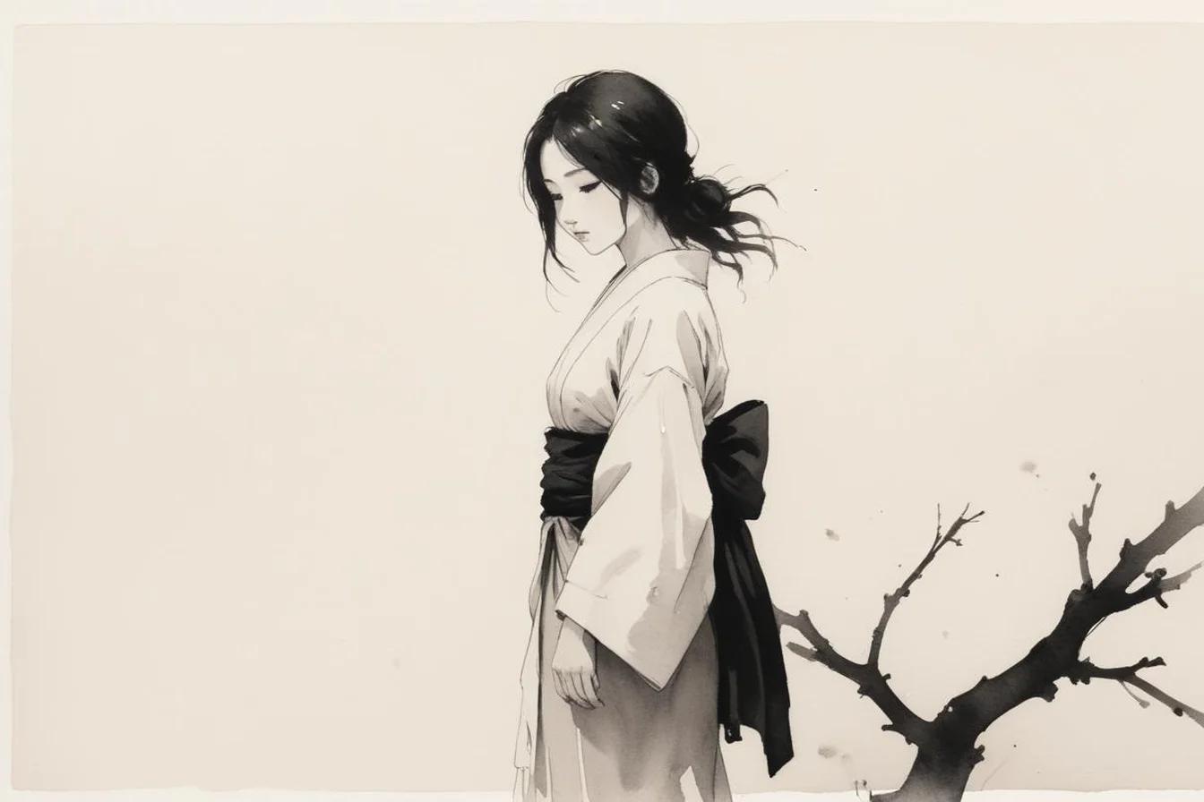 Sumi-e ink illustration of Tsundere (ツンデレ)
